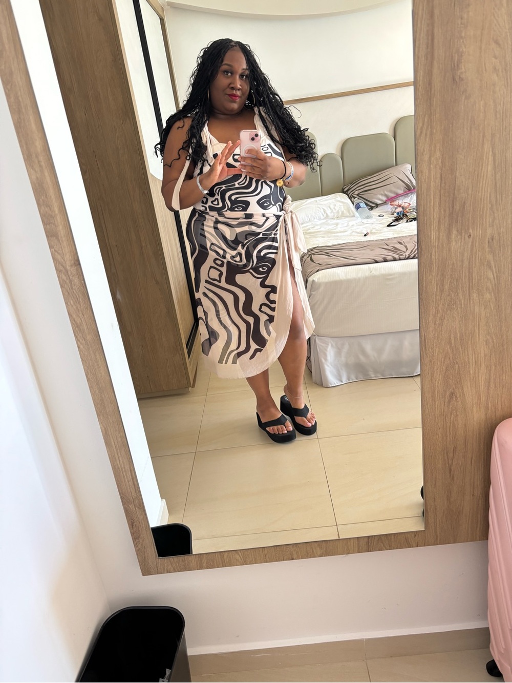 SHEIN Black & Cream Abstract Wrap Swim Midi Dress